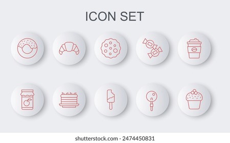 Set line Cake, Jam jar, Cookie or biscuit, Lollipop, Donut, Croissant,  and Ice cream icon. Vector