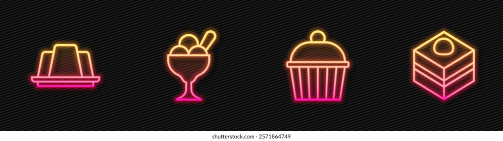 Set line Cake, Jelly cake, Ice cream in bowl and Brownie chocolate. Glowing neon icon. Vector