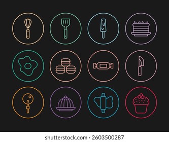 Set line Cake, Knife, Ice cream, Macaron cookie, Scrambled eggs, Kitchen whisk, Candy and Spatula icon. Vector
