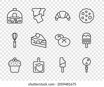 Set line Cake, Lollipop, Croissant, Cutting board, Brick stove, Piece of cake, Ice cream and  icon. Vector