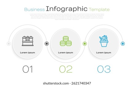Definir linha Bolo, Macaron cookie e sorvete na tigela. Modelo de infográfico comercial. Vetor