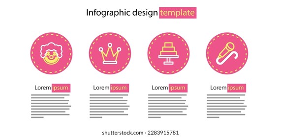 Set line Cake, Microphone, Crown and Clown head icon. Vector