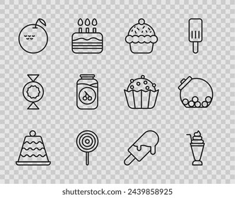 Set line Cake, Milkshake, Cupcake, Lollipop, Apple, Cherry jam jar, Ice cream and Glass with candies inside icon. Vector