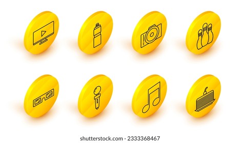 Fijar la línea Pastel, Nota musical, tono, Joystick para máquina de arcade, gafas de cine 3D, pin Bowling, cámara fotográfica, agitador Fitness e ícono de video de reproducción en línea. Vector