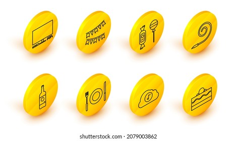 Set line Cake, Music streaming service, Plate, fork and knife, Beer bottle, Birthday party horn, Lollipop, Carnival garland with flags and Video game console icon. Vector