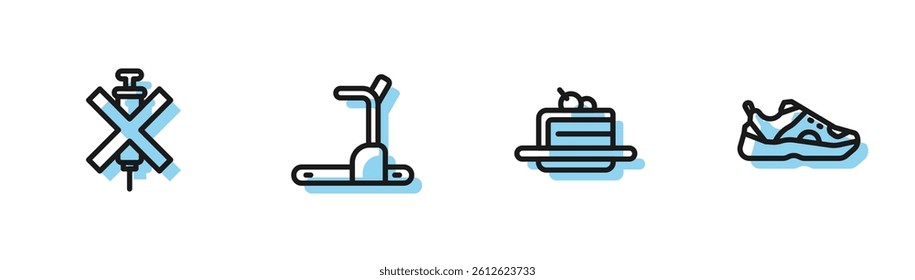 Set line Cake, No doping syringe, Treadmill machine and Sport sneakers icon. Vector