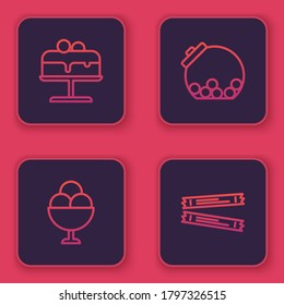 Set line Cake on plate, Ice cream in bowl, Glass jar with candies inside and Sugar stick packets. Blue square button. Vector