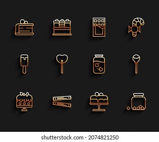 Set line Cake on plate, Sugar stick packets, Piece of cake, Glass jar with candies inside, Lollipop,  and Strawberry jam icon. Vector