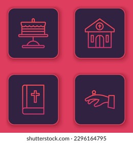 Set line Cake on plate, Holy bible book, Church building and Wedding rings hand. Blue square button. Vector