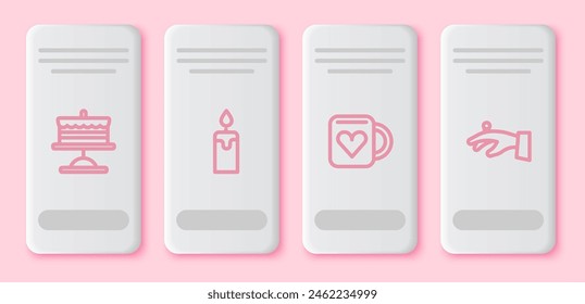 Set line Cake on plate, Burning candle, Coffee cup heart and Wedding rings hand. White rectangle button. Vector