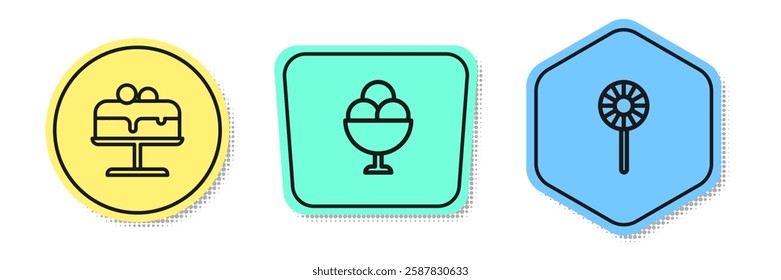 Set line Cake on plate, Ice cream in bowl and Lollipop. Colored shapes. Vector