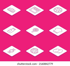 Set line Cake, Oven, Donut, Bottle with milk, Lollipop, Chef hat, Candy and  icon. Vector