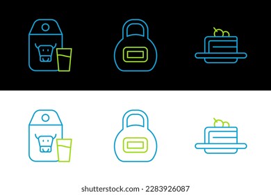 Establece la línea Pastel, el paquete de papel para la leche y el icono Kettlebell. Vector
