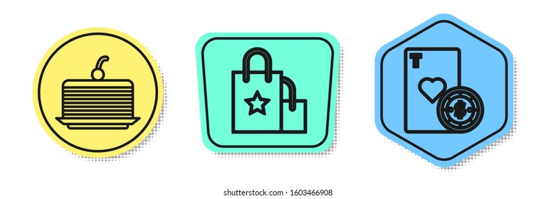 Set line Cake, Paper shopping bag and Casino chip and playing cards. Colored shapes. Vector
