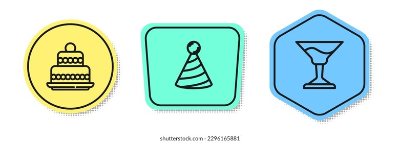 Set line Cake, Party hat and Cocktail. Colored shapes. Vector