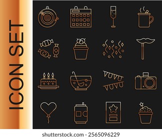 Set line Cake, Photo camera, Paper mustache on stick, Glass of champagne, Candy, Classic dart board arrow and Festive confetti icon. Vector
