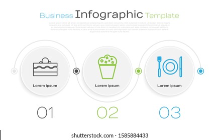 Set line Cake , Popcorn in cardboard box  and Plate, fork and knife . Business infographic template. Vector