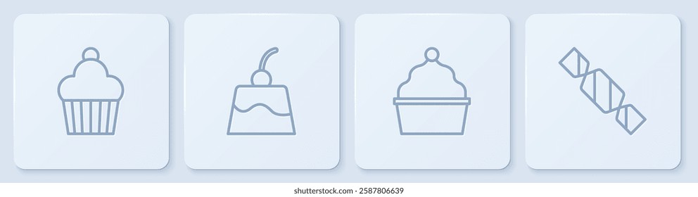 Set line Cake, , Pudding custard and Candy. White square button. Vector