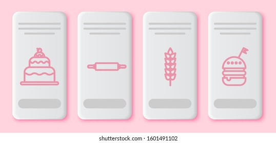 Set line Cake , Rolling pin , Cereals with rice, wheat, corn, oats, rye and Burger . White rectangle button. Vector