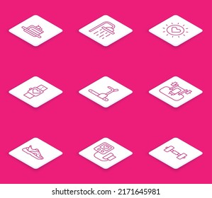 Set line Cake, Shower head, Sun, Smart watch, Treadmill machine, Bench with barbel, Sport sneakers and Blood pressure icon. Vector