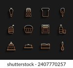 Set line Cake, Strawberry cheesecake slice, Pastry bag for decorate cakes, Brownie chocolate, Kitchen whisk, Muffin, Glass bottle with milk and glass and Oven icon. Vector