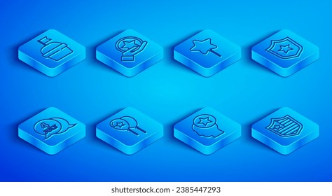 Set line Cake, USA Independence day, Balloon, Balloons, Head, Police badge,  and Shield with stars icon. Vector