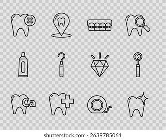 Set line Calcium for tooth, Tooth whitening concept, Teeth with braces, Dental clinic dental care, caries, explorer scaler teeth, floss and inspection mirror icon. Vector