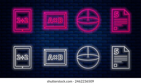 Set line Calculation, Calculator, Calculation and Infinity. Glowing neon icon on brick wall. Vector