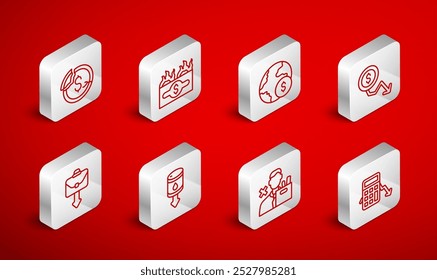 Set line Calculation of expenses, Burning dollar bill, Global economic crisis, Dollar rate decrease, Employee dismissal, Drop crude oil price and Briefcase icon. Vector