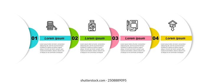 Set line Calculation of expenses, Glass money jar with coin, Contract and and Falling property prices. Business infographic template. Vector