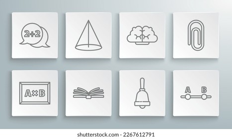 Set line Calculation, Graph, schedule, chart, diagram, Mobile calculator interface, Test exam sheet, Book with word mathematics and Geometric figure Cone icon. Vector