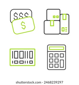 Calculadora de línea, código de barras, caja registradora y Nuevo Precio de la etiqueta del dólar icono. Vector