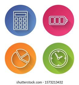 Set line Calculator, Battery charge level indicator, Pie chart infographic and Clock. Color circle button. Vector