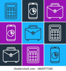 Set line Calculator, Briefcase and Mobile phone with graph chart icon. Vector