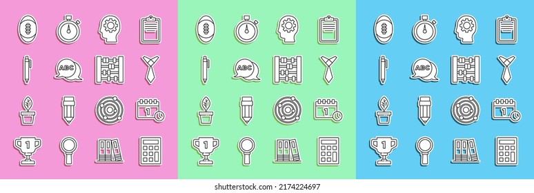 Set line Calculator, Calendar first september date, Tie, Head with gear inside, Alphabet, Pen, American Football ball and Abacus icon. Vector
