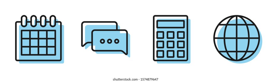 Set line Calculator, Calendar, Speech bubble chat and Earth globe icon. Vector