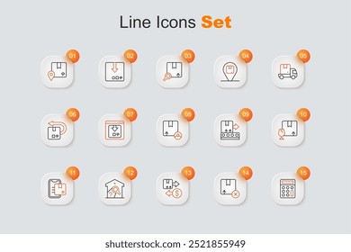 Set line Calculator, Carton cardboard box, Tax, Warehouse check, Document tracking marker, Package with fragile content, Conveyor belt and  icon. Vector