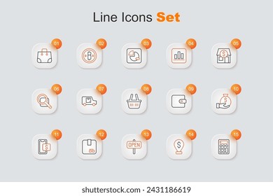Set line Calculator, Cash location pin, Hanging sign with text Open, Carton cardboard box, Mobile shopping, Money bag, Wallet and Shopping basket icon. Vector