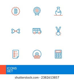 Set line Calculator, CD DVD disk, Clipboard with checklist, Medal, Molecule, School Bus, Test tube and star icon. Vector