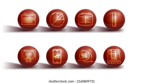 Set line Calculator, Certificate template, Ruler, Discount percent tag, Square root of x glyph, Pie chart infographic, Office folders and Geometric figure Cylinder icon. Vector
