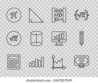 Set line Calculator, Certificate template, Abacus, Graph, schedule, chart, diagram, Pi symbol, Geometric figure,  and Pencil icon. Vector - Powered by Shutterstock - Get 15% off with code: PIKWIZARD15