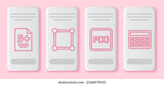 Set line Calculator, Chalkboard with diagram, Equation solution and Chalkboard. White rectangle button. Vector