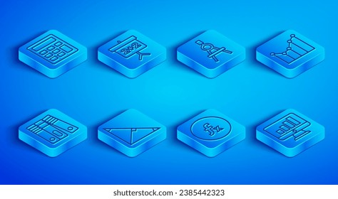 Set line Calculator, Chalkboard, Drawing compass, Angle bisector of triangle, Function mathematical symbol, Graph, schedule, chart, diagram, Office folders and Computer monitor with graph icon. Vector