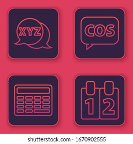 Set-Line-Calculator, Chalkboard, Tablet mit Taschenrechner und Mathematik-Funktion cosine. Blauer Quadrat-Knopf. Vektorillustration