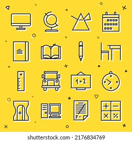 Set line Calculator, Clock, School table and chair, Light rays in prism, Open book, Spiral notebook, Computer monitor screen and Pencil with eraser icon. Vector