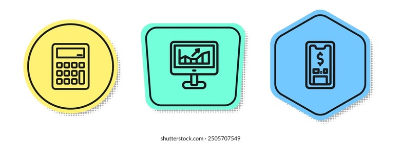 Calculadora de línea, Computadora con gráfico de crecimiento y Dólar móvil. Formas de colores. Vector