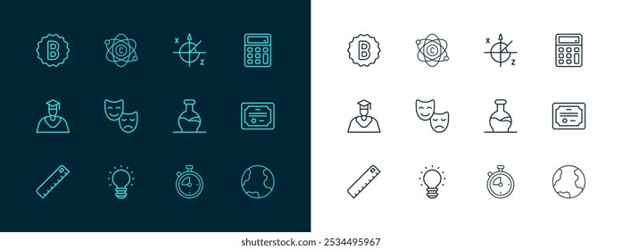 Set line Calculator, Creative lamp light idea, Test tube, Stopwatch, Comedy and tragedy masks, Trigonometric circle, Exam paper with incorrect answers and Atom icon. Vector