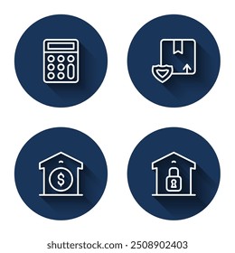 Set line Calculator, Delivery security with shield, Warehouse price and Closed warehouse with long shadow. Blue circle button. Vector