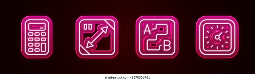 Set line Calculator, Diagonal measuring, Route location and Clock. Glowing neon icon. Vector