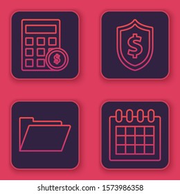 Set line Calculator with dollar symbol, Document folder, Shield with dollar symbol and Calendar. Blue square button. Vector